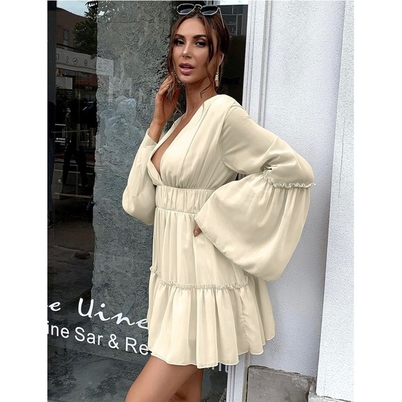 NWT Missord Cream Chiffon Ruffle Mini Dress XL Plunge V Neck Long Bell Sleeve - Picture 16 of 16